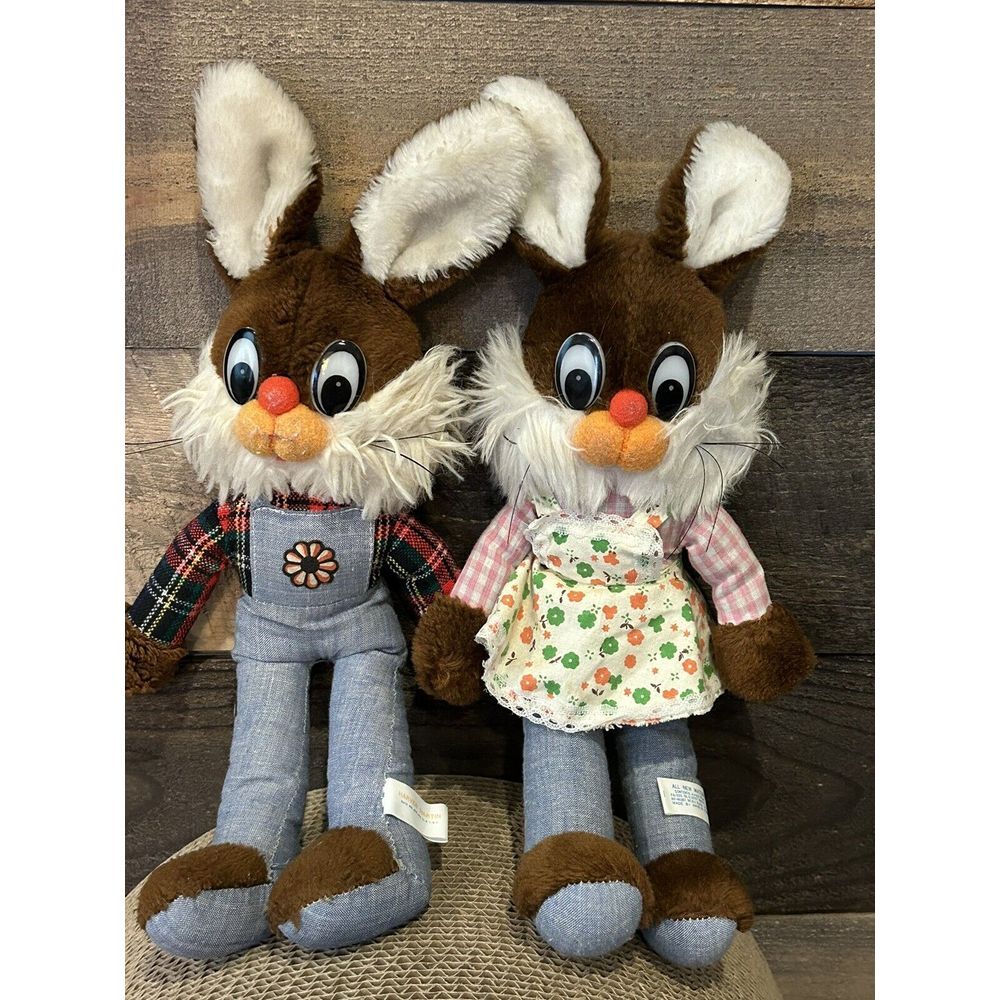 80's Set Of 2 Bunny's Brown Rabbits Dressed Cute Shaggy‎ Collectible Toy